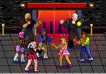 Game art: Dex, Roxy, Big Tone and Kiki square up to a Doorman, a Hen Harpy and a Stag Lad outside Club Inferno's front door.