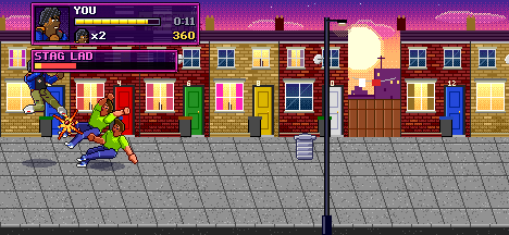 Stage 5, Home Stretch: Dex flies in with a jump kick on two Stag Lads outside the terraced houses at dawn.