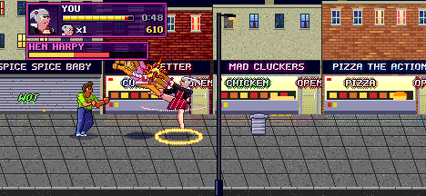 Stage 2, Kebab Mile: Roxy's Heel Spin kicks a Hen Harpy into the air outside the takeaways, while a Stag Lad looks on.