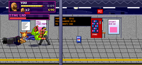 Stage 3, Night Bus: Big Tone's Belly Flop flattens two Stag Lads in the bus station, with a Clamper right behind them.